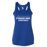 Ladies Blue Racer back with Text on Front