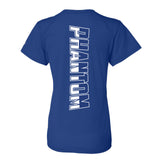 Ladies Blue Short Sleeve Perf Tee with Text on Back