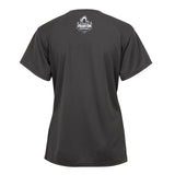 Ladies Gray Short Sleeve Perf Tee with Text on Back