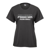 Ladies Gray Short Sleeve Perf Tee with Text on Front