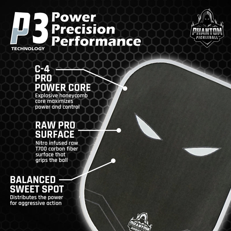 Phantom TRINITY 14MM T700 Raw Carbon Fiber Thermoformed Pro Pickleball Paddle w/ Premium Cover- P3 Technology 
