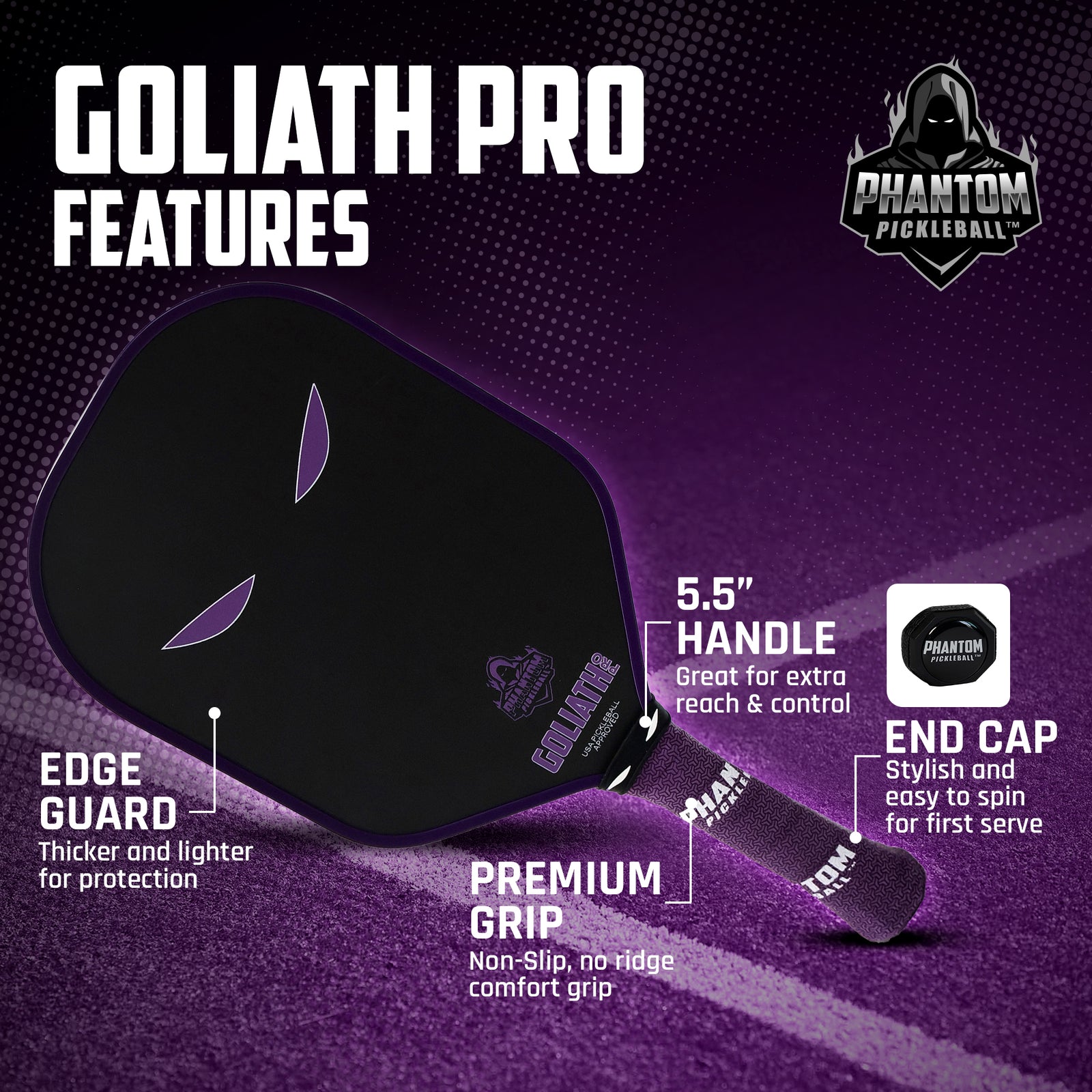 Phantom Goliath 16mm Pickleball-Paddel Aus Carbon Fiber – Verlängert, Mit Maximalem Grip & Spin, USAPA-zugelassen, Polypropylen-Kern