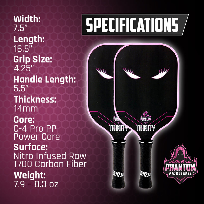 Phantom LADY TRINITY 14MM T700 Raw Carbon Fiber Thermoformed Pro Pickleball Paddle w/ Premium Cover Specification