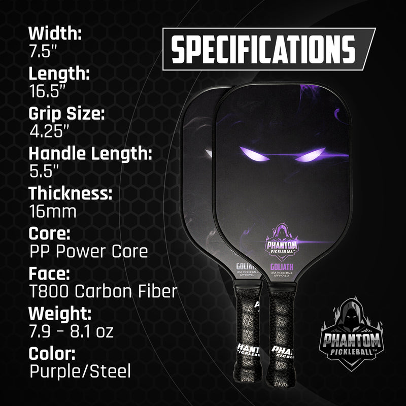 PHANTOM GOLIATH 16MM T800 Carbon Fiber Pickleball Pro Paddle with Cover-Paddle specification